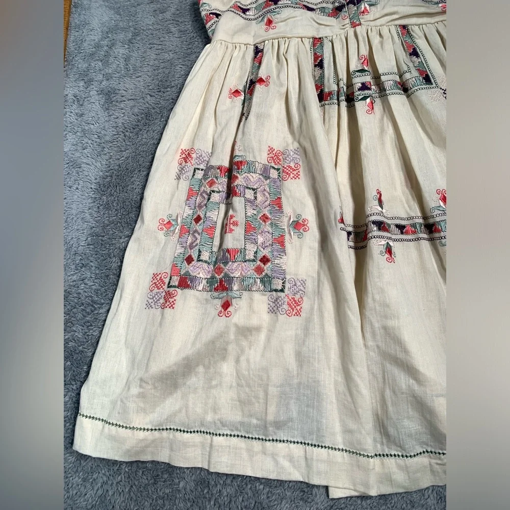 Free People Cream Mini Dress with Pink & Green Embroidery